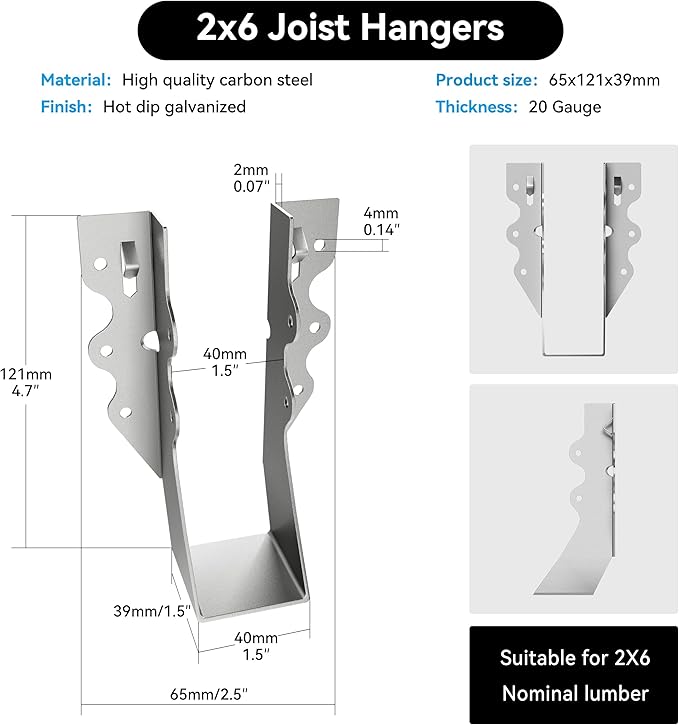 2X6 Joist Hanger 20 Gauge LU26 Galvanizing Face Mount Joist Hangers for Wood Hurricane Ties Widely Applicable Rafter Ties - 25 pk