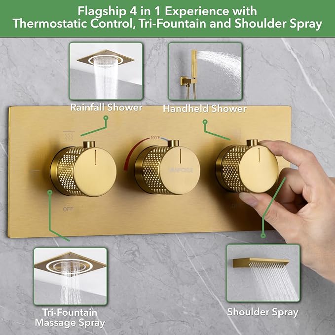 VANFOXLE Shower Faucet Set Brushed Gold Shower System,Shower Faucet with 2 in 1 Handheld,Ceiling Mount 19 Inch Shower Head+14 Inch Shoulder massager