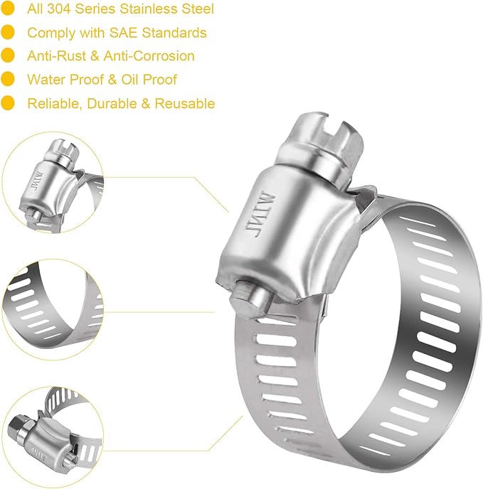 WINL Stainless Steel Hose Clamps - 16 Pack Worm Gear Drive Hose Clamps SAE 10 Clamping Range of 1/2'' to 1-1/16'' (13mm-26mm) for Automotive Plumbing,1/2 Inch, 3/4 Inch,1 Inch Clamps