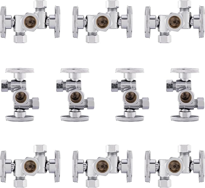10-Pack Foskan Dual Compression 1/4 Turn Angle Stop Valve with 2 Shut Off Valve/Handles,1/2" NOM (5/8" OD) x 3/8" OD x 3/8" OD,Chrome Plated Brass