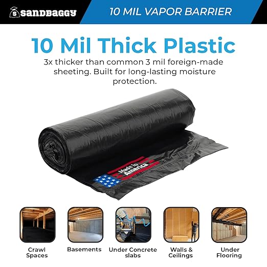 Sandbaggy 10 ft x 100 ft Vapor Barrier 10 Mil | Polyethylene | Black Plastic Sheeting Rolls | Moisture Barrier for Crawl Spaces, Concrete and Laminate Underlayment, Walls (1 Roll)