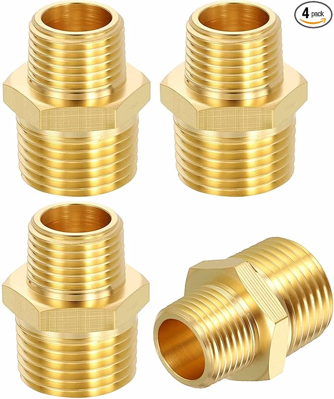 4 Pack Brass Pipe Fittings, 1/2" NPT Male to 3/8" NPT Male Brass Hex Nipple, Male Pipe Adapter Reducer for Air, Oil, LP