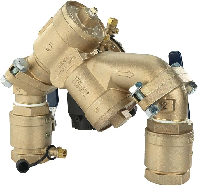 Febco 825YA Series 1-1/2" Bronze Reduced Pressure Zone Backflow Preventer Assembly, Quarter Turn Shutoff, N Pattern, Angle Union Connections, Flood Sensor with SentryPlus Alert Technology