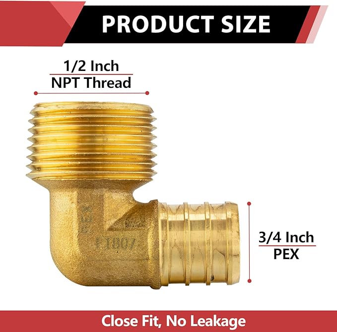 (Pack of 10) EFIELD Pex 3/4 inch x1/2 inch Male NPT Threaded Elbow Barb Crimp Brass Fittings, ASTM F1807,(PEX1807101)