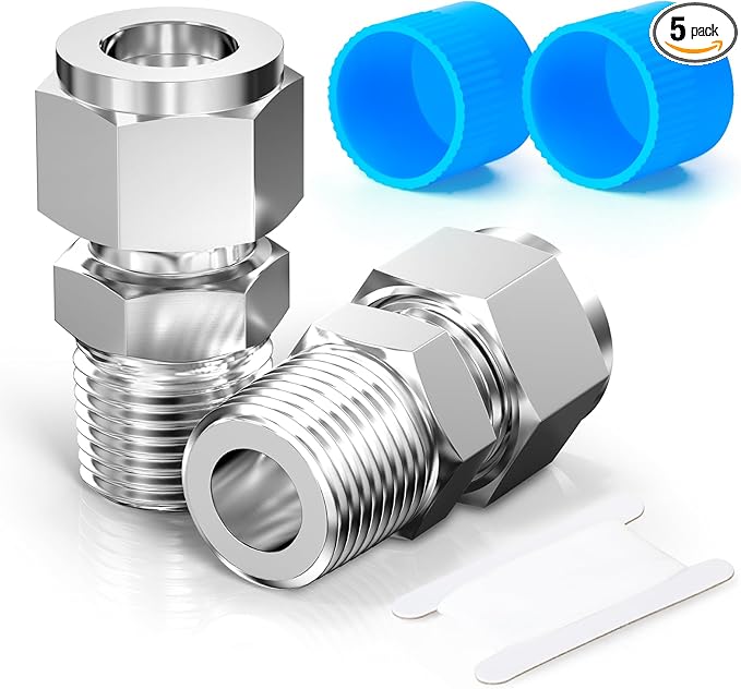 TAISHER 5PCS 304 Stainless Steel Compression Tube Pipe Fitting Connector, 1/2" Tube OD x 3/8" NPT Male Straight Adapter