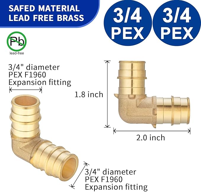 (5 Pack) Lidertik Pex Fittings 3/4 Inch 90 Degree Elbow Expansion Fitting, 3/4" PEX ASTM F1960 to 3/4" PEX ASTM F1960 Brass plumbing connection, Only for PEX Tube Expansion Install