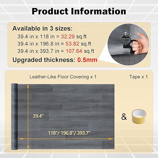 Freshtour Vinyl Flooring Roll, Versatile Removable PET Leather-Like Floor Covering, Waterproof & Durable, Easy Tape Installation, Cost-Effective for Any Room, Dark Grey Oak/ 32.29 Sq.ft (39.3" x 118")