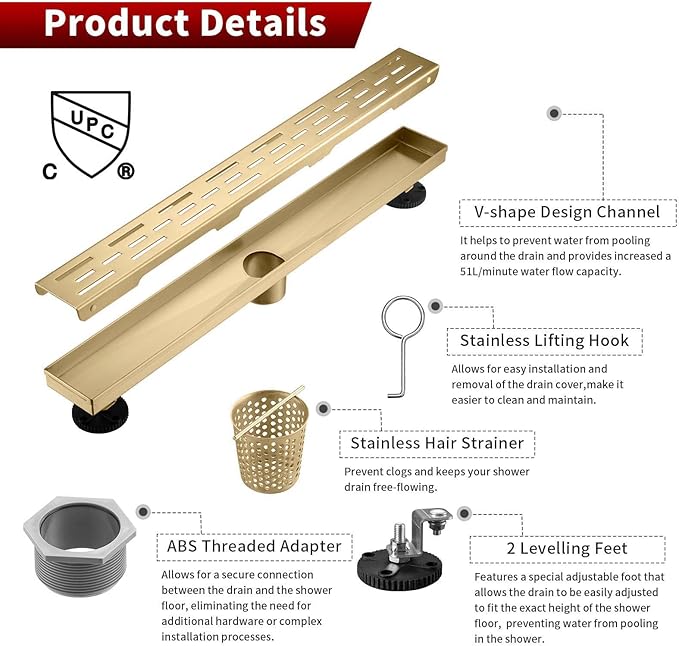 Sharp-tec Linear Shower Drain, 28inch Shower Drain with Removable Pattern Cover, Brushed Gold 304 Stainless Steel Rectangle Floor Drain, Adjustable Feet and Hair Strainer Included (Model 101)