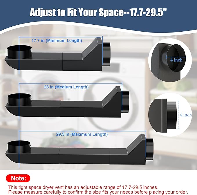 17.7-29.5" Telescoping Dryer Vent Connector Kit, 304 Stainless Steel Periscope Dryer Vent Kit Fits for Tight Spaces, Adjustable Vent Compatible with Whirlpool/LG & All 4-In Vents Dryer