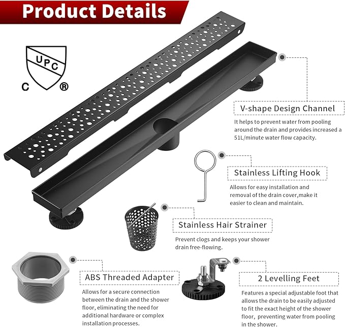 Sharp-tec 36 inch Linear Shower Drain, Black Rectangular Floor Drain, V-Shape Design Drain Channel, 304 Stainless Steel, cUPC Certificated for Bathroom Shower Room (Drain Base is Not Included)