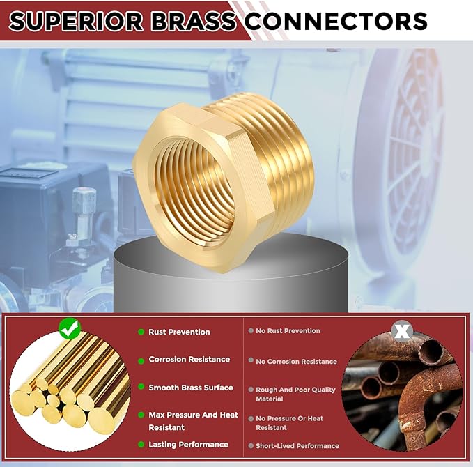 Pack of 5, 1" Male NPT to 3/4" FeMale NPT Solid Brass Hex Bushing, Hose Fittings Adapter Threaded Reducer Heavy Duty for Pipe Leak Repair, Pneumatic Systems, Compression