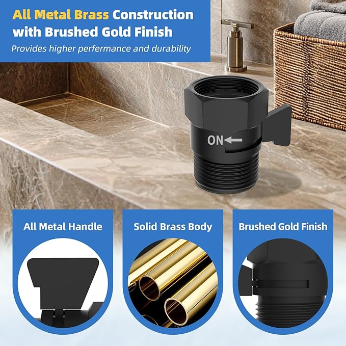 Hibbent All Metal 3 Pack Shower Head Flow Control Valve, G1/2 Brass Shut-off Valve with Metal Handle Lever, Shut OFF Water Flow Control Regulator for Handheld Shower, or Bidet Sprayer, Matte Black