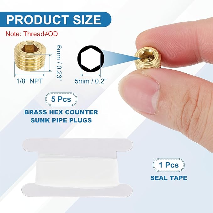 PATIKIL 1/8" NPT Male Pipe Plug Fitting, 10Pcs Brass Hex Counter Sunk Plug Brass Male Connector Socket for Closing the End of Pipe Industrial Machinery Fittings