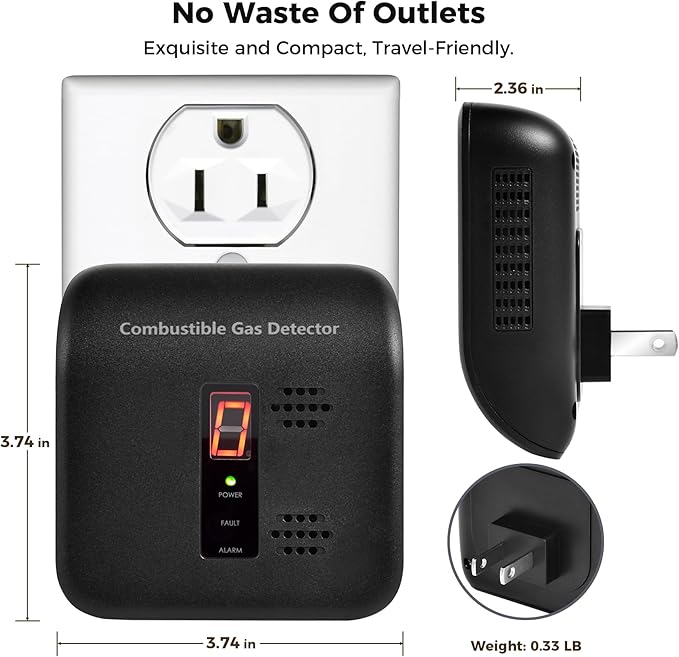 Plug-in Natural Gas Leak Detector for Home - Sensitive Alarm for Methane, Propane, Butane & LPG in Kitchen, RV Black