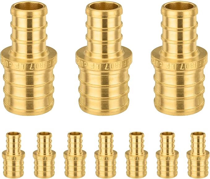 Pack of 10 Foskan 1" x 3/4" PEX Straight Reducing Coupling,Brass Crimp Fittings for PEX Tubing Pipe