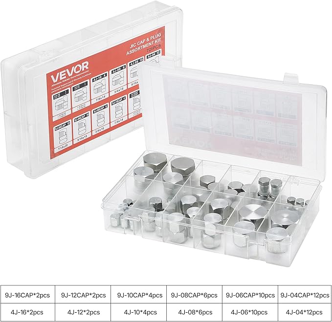 VEVOR 72 PCS JIC Hydraulic Fittings, Heavy Duty Master Industrial Hydraulic Cap and Plug, Hose Tube and Pipe Fitting Kit Cap and Plug Kit Precision Threading in 37° Dash Sizes 4 6 8 10 12 16
