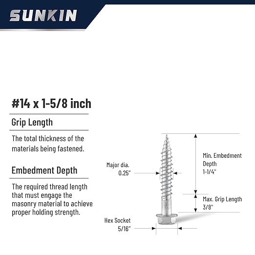 SUNKIN #14x1-5/8 inch Stainless Steel 18-8 Bi-Metal Masonry Concrete Screw, Hex Head Zinc Plated 60 PCS Exellent NO Rust for 20+ Years Ideal for Outdoors Projects