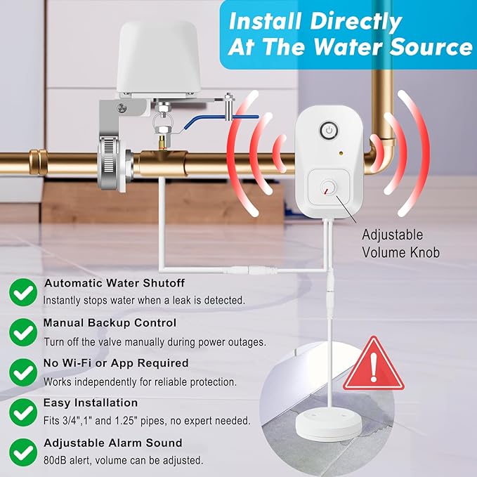Water Leak Detector with Automatic Shutoff, Plug-in Power Control, Includes Leak Sensor and Water Valve, Suitable for Various Pipe Sizes, Protect Your Home from Water Damage