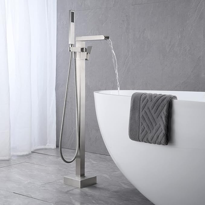 Freestanding Bathtub Faucet Waterfall Tub Filler Brushed Nickel Floor Mount Brass Single Handle Bathroom Faucets with Hand Shower