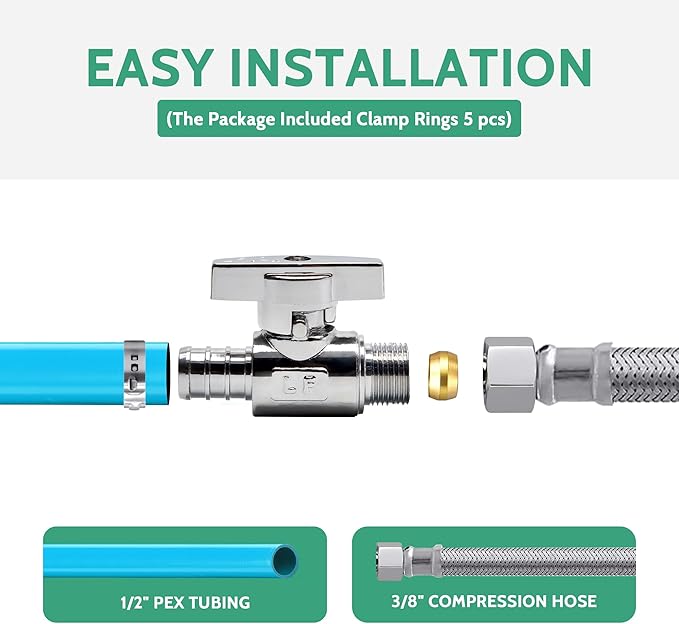 5 Pcs Straight Stop Valve,1/2"Inch x 3/8"Inch Pex Valve,Compression Straight Stop Valve,1/2 Inch Pex x 3/8 Inch Od Compression Shut Off Valve,Solid Brass,Pex