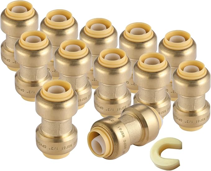 12 Pack 3/4 Inch Pushfit Straight Coupling, PEX Brass Push-fit Coupling with Disconnect Clip, Push-to-Connect Plumbing Fittings for PEX, Copper, CPVC