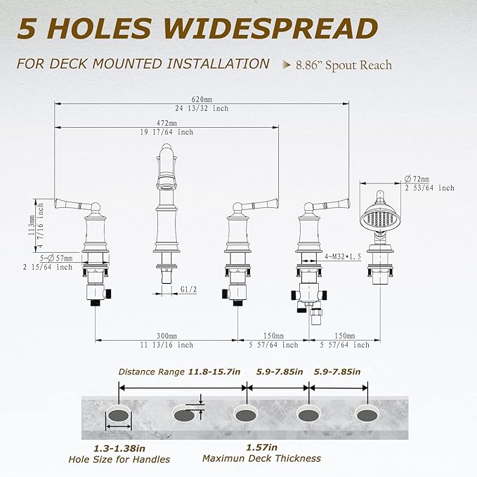 Roman Tub Faucet Set With Handheld Shower 5 Hole Deck Mount Tub Filler With Diverter, 3 Lever Handle Rough-in Valve and Water Supply Lines Included for Bathroom Tub, Matte Black