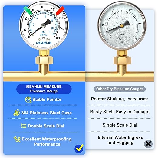MEANLIN MEASURE 0~160Psi Dry Pressure Gauge Stainless Steel 1/4" NPT 2" FACE DIAL Waterproof for Air Compressor RV Regulator Water Pressure Tester Lower Mount (with 2PCS Snaps)