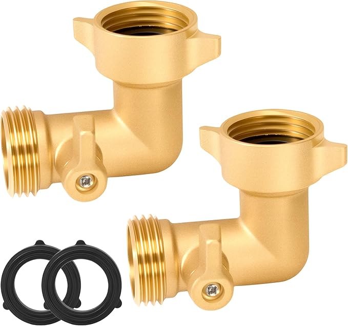 Garden Hose 90 Degree Elbow, with Shut Off Valves 3/4 Inch Solid Brass RV Water Hose Connector Fittings Adapter, Includes Washers for RV Hookups & Outdoor Faucets, 2 Pack