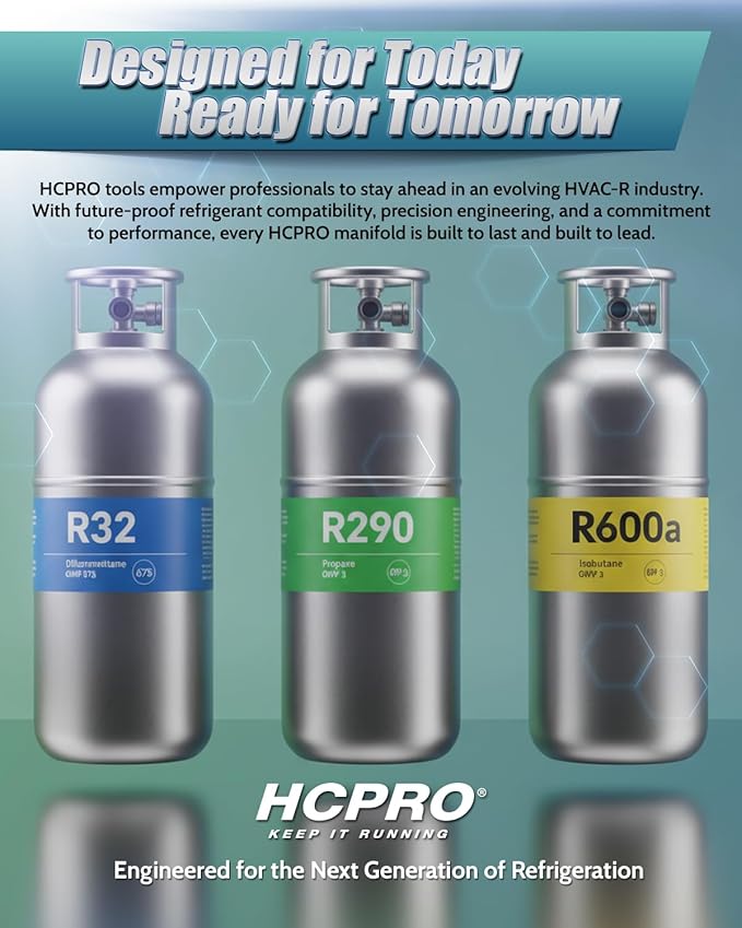 HCPRO Manifold Gauge Set R32 R290 R600 Hydrocarbon Refrigerant | Dual Scale F/C PSI | HVAC AC Brass Gauges 3-1/8" 800 PSI | 36" Hoses 4000 PSI Burst | Professional Service Kit