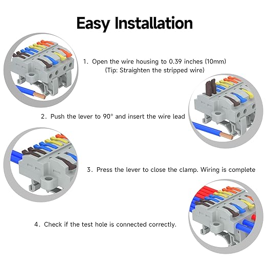 2Pcs Lever Wire Connectors, 4 in 8 Out, Push-in, Quick Wiring DIN Terminal Blocks, 0.7-2.5(4) mm², 600V 32A, 24Pcs Wire Ferrules Terminals & 4.72 Inch DIN Rail Included
