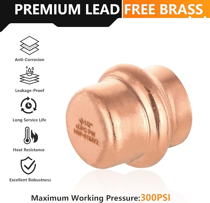 50-Pack HeSun Copper Press End Cap(Plug), 1/2" Pressure Fittings, Press Fit for Copper Tube Connection(PRESS020-50)