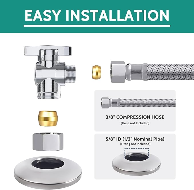 5 Pack Angle Stop Valve, 1/2 in. NOM Compression x 3/8 in. OD Compression Shut Off, 5/8" OD x 3/8" OD 1/4 Turn Faucet, Water Stop