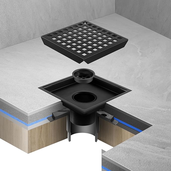 Shower Drain, Matte Black 6 inch Square Shower Floor Drain with Flange, Removeable Grid Panel SUS 304 Stainless Steel Square Shower Drain