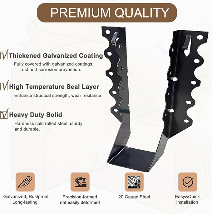 20 PCS 2x8 Joist Hanger,Black Powder-Coated,18 Gauge Galvanizing Face Mount,for Rafter Hurricane Ties Joist Hangers, Tie Brackets for Floor Deck and Ceiling Trusses (2"x 8", 20PCS)