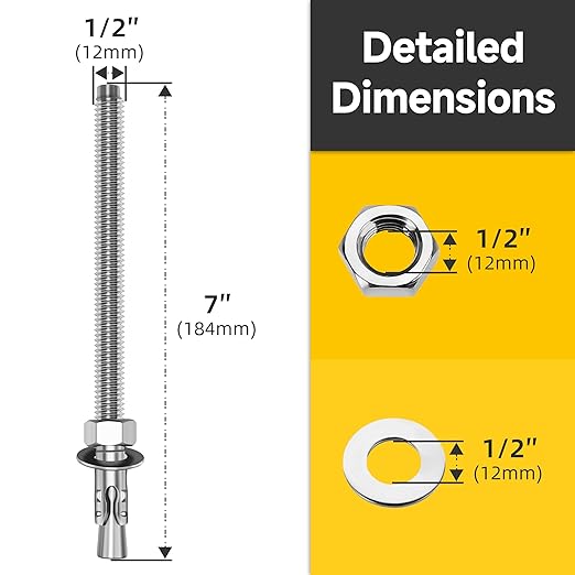 Mywish 1/2 x 7 Inch Wedge Anchors, 5Pcs 304 Stainless Steel Industrial 1/2 Heavy Duty Industrial Masonry Wdege Anchor Bolts for Brick Cement and Concrete, Bright Finish