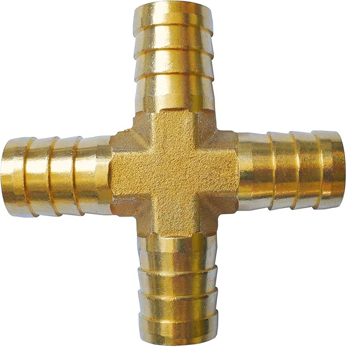 2PCs 3/4" Brass Hose Barb Fitting 4 Way Cross Barbed Splicer Mender Union Fitting with 8PCs Hose Clamp for Oil Water Air