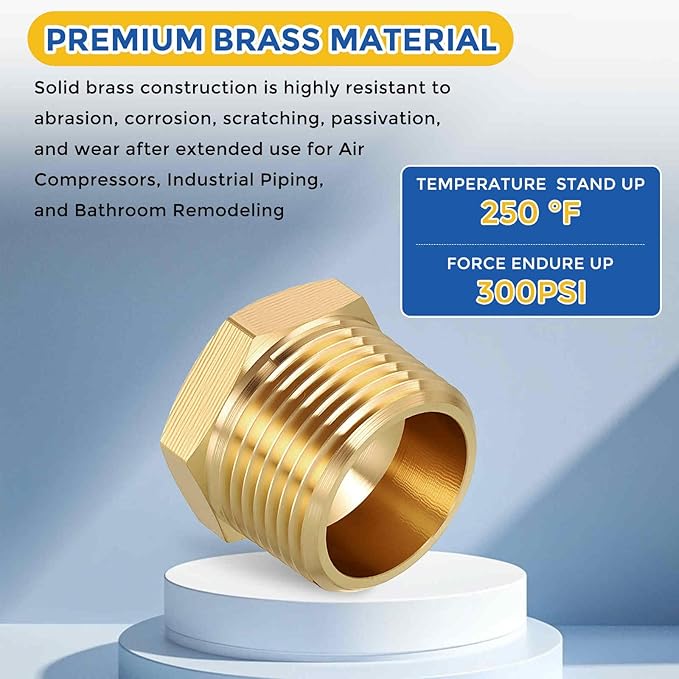 5 Pack Brass Pipe Fittings, 3/4" NPT Male to 1/8" NPT FeMale Brass Hex Bushing Reducer, Hose Tube Threaded Adapter for Air, Oil, LP