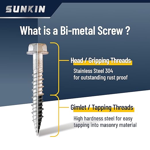 SUNKIN #14x1-5/8 inch Stainless Steel 18-8 Bi-Metal Masonry Concrete Screw, Hex Head Zinc Plated 60 PCS Exellent NO Rust for 20+ Years Ideal for Outdoors Projects