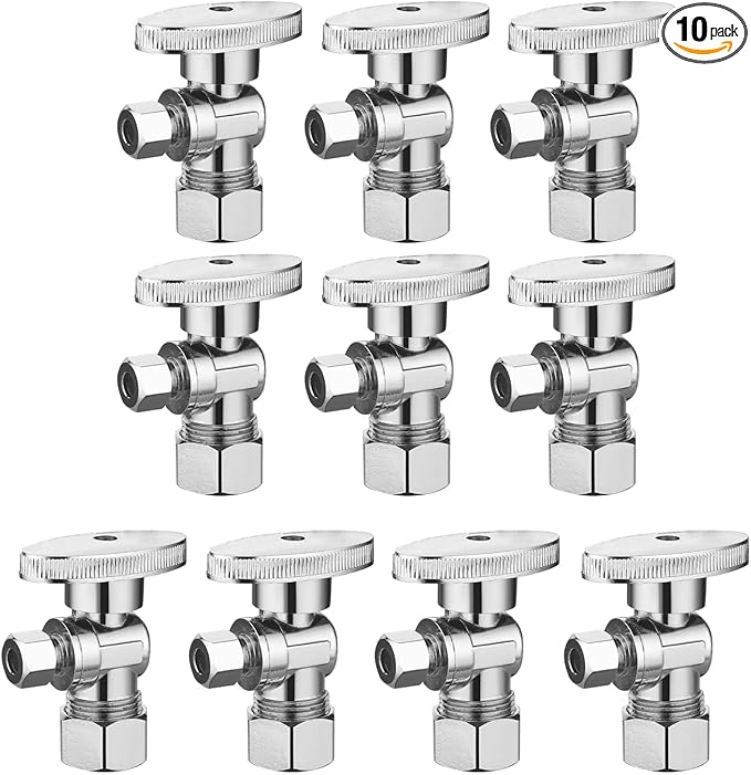 (10 Pack) BH Angle Stop Valve 1/2" Nominal Compression x 3/8" OD, 1/4-Turn Shut Off Valve, Chrome Plated Brass, for Bathroom Toilet Kitchen Shower Plumbing