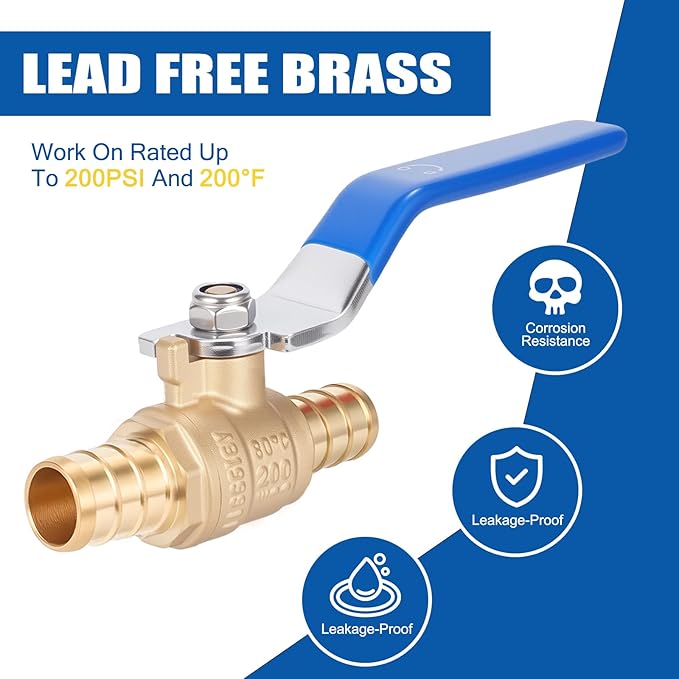F1807 1/2" Pex Ball Valve, Brass Full Port Water Shut Off Ball Valve for Hot and Cold Water (2-Pack), UPC Certified