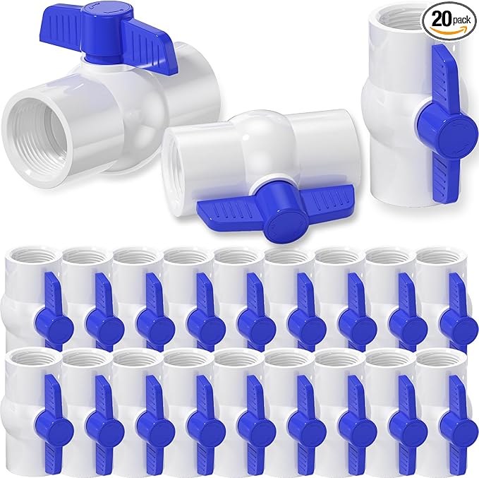 20PCS 1/2" PVC Ball Valves, 1/2" PVC Ball Valve Threaded (NPT), Blue T-handle with Shut-Off Valves Socket for Water Project, Swimming Pool, Sprinkler Lines, Outdoor Plumbing & Irrigation System