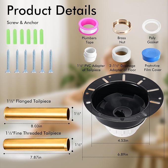 Freestanding Tub Drain Kit, Bathtub Drain Rough-in Kit with PVC Adapter and Brass Tail Pipes, Compatible with Freestanding Bathtub Drain, Floor Mounted Bathtub and Copper Bathtub, Black