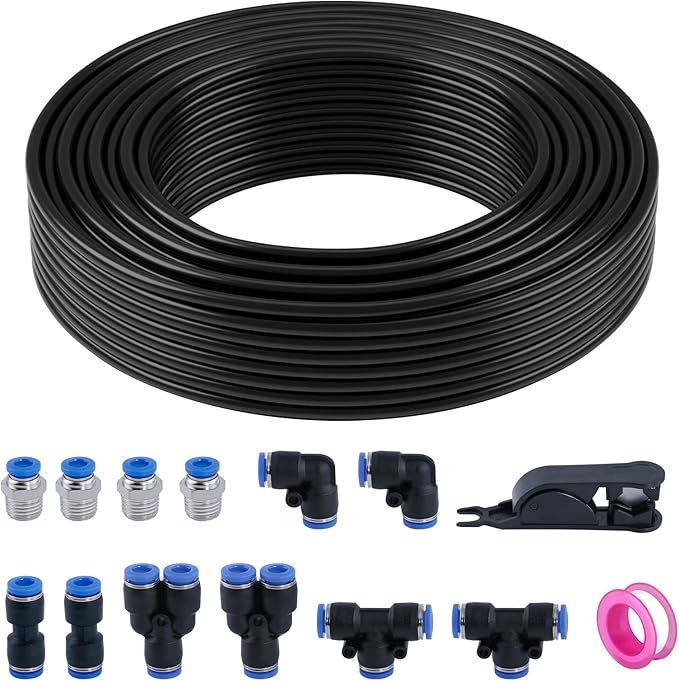 1/4" Air Line Tubing Kit,1/4" OD DOT Air Line 50 FT(15 m) SAE j844 PA Nylon Air Hose Tube and Push to Connect Fitting for Air Brake System Or Fluid Transfer,15 Pcs Compressed Accessories Kit
