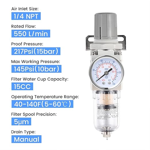 1/4 Inch NPT Air Filter Pressure Regulator, Water Separator Compressed Air Pressure Regulator for Compressor