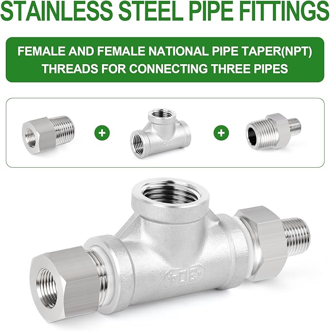 TAISHER 5PCS Stainless Steel Tee Pipe Fittings, 1/4" x 1/4" x 1/4" NPT Female Pipe Fittings