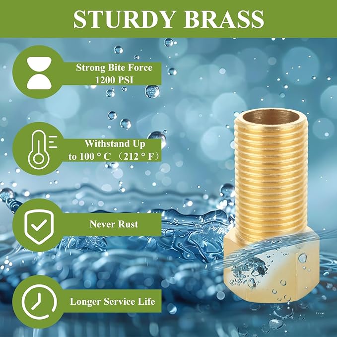 10 PCS Brass Pipe Fittings, 1/2" Female to 1/2" Male Pipe Longer Fitting Converter Adapter, 1/2 inch Brass Extension Pipe Nipple Connector(Length 1.96 Inch/50 mm)