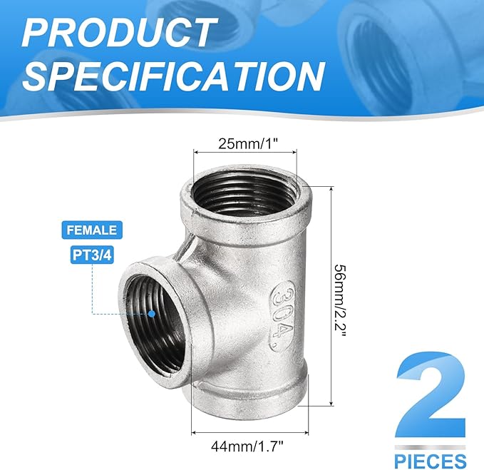 uxcell 2 Pcs 304 Stainless Steel Tee Pipe Fittings G3/4" Female Tee Adapter 3 Way t Shaped Cast Pipe Fitting Connector with Seal Tape for Plumbing Drainage Pipes Heating Systems