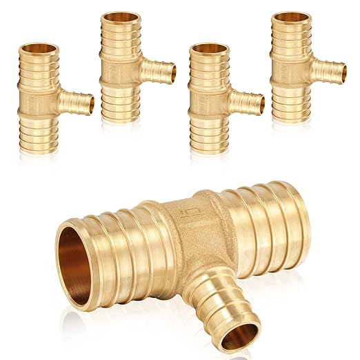 5-Pack HeSun PEX Fittings, 1"x1"x1/2" Pex Tee, Brass Crimp Fitting for ASTM F1807(PEX1807086)