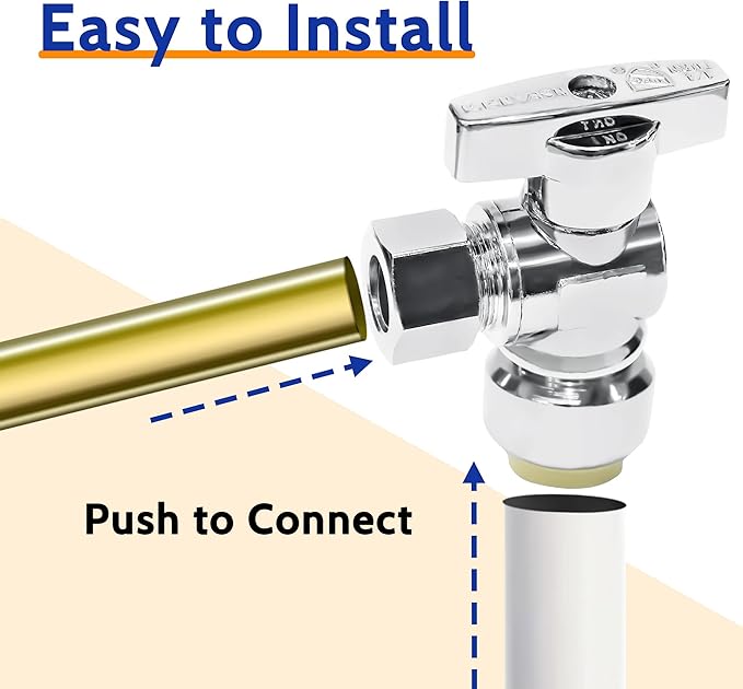 VINTEX 10 Pack Angle Stop Valve 1/2"Push X 3/8" Threaded Compression, 1/2 Inch Push x 3/8 Inch Compression Water Shut Off Valve, 9/16-24UNEF Thread, Copper, CPVC, PE-RT