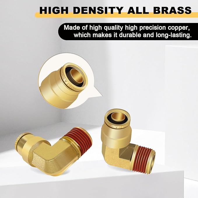 Siptenk 1/2" Elbow DOT Brass Push to Connect Air Line Fittings 5 PCS, 1/2" OD Tube x 3/8" NPT Thread Air Brake Line Quick Connect Fittings for Truck Trailers Industry Air System